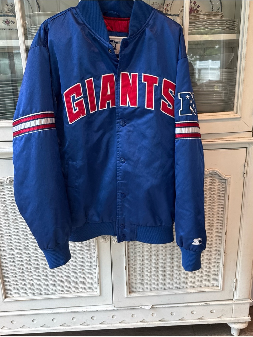 STARTER Blue Satin Giants Bomber Jacket with Red & White Lettering